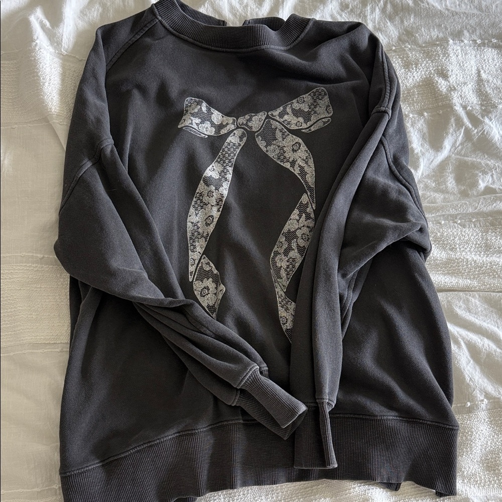 Aerie Black Sweatshirt with Floral Bow Design